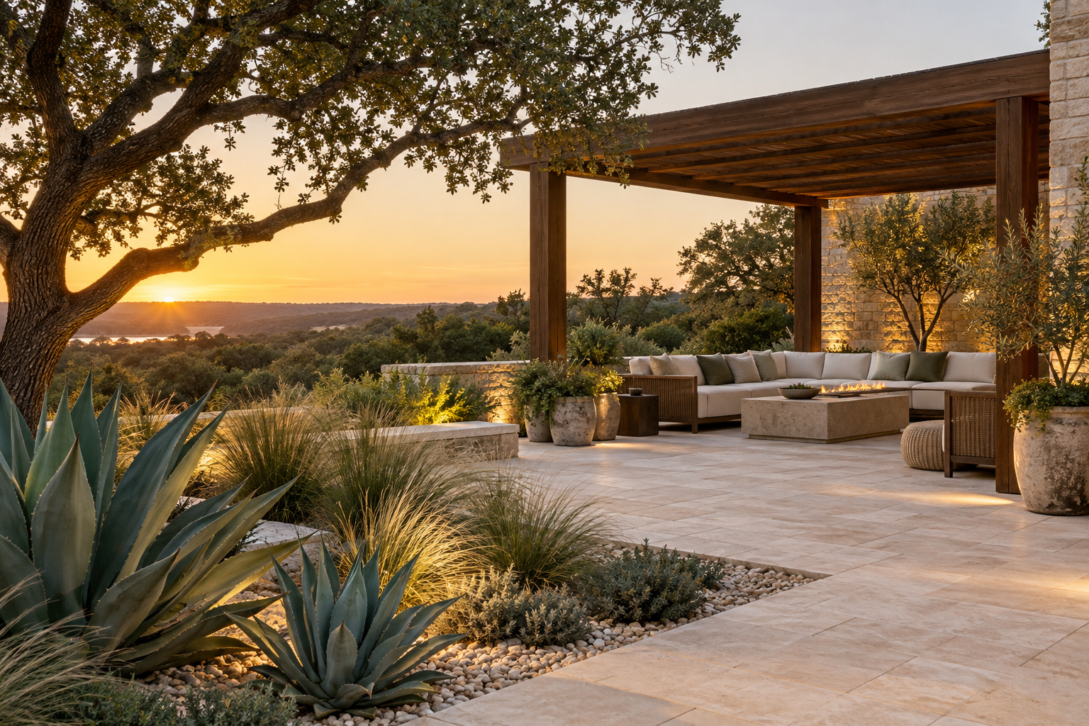 Illustrative courtyard concept with agave planting, limestone patio and a cedar pergola