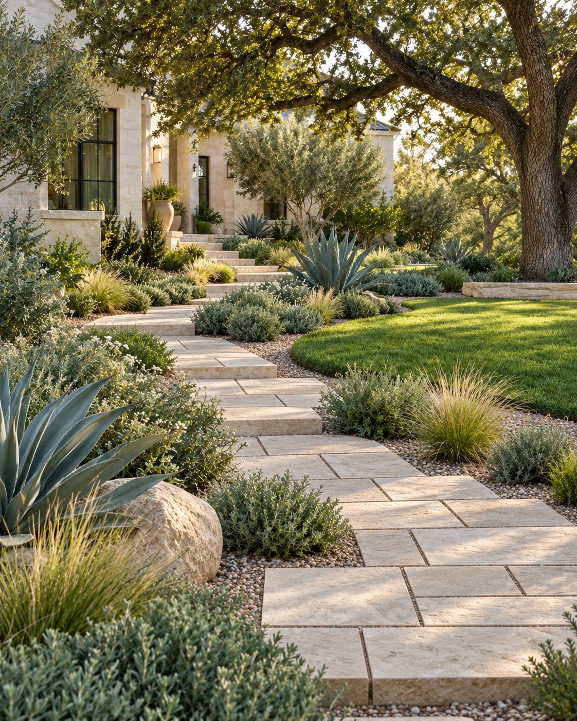Texas garden with limestone stepping stones, agave, native planting and a green lawn