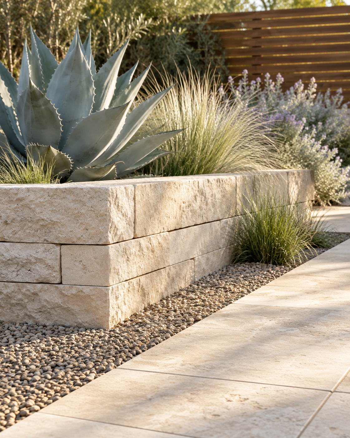 Materials detail with a limestone garden wall, silver agave and warm stone paving