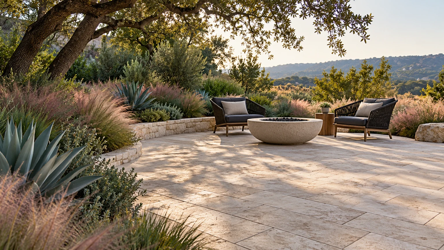 A limestone terrace with native grasses, agave and lounge seating